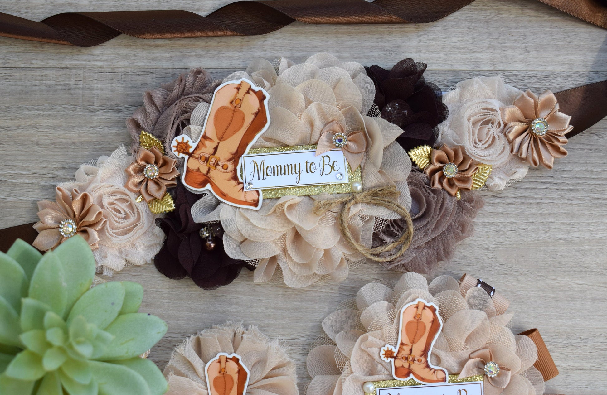 Cowboy Baby Shower, Rustic Tan Brown Cowboy Maternity Sash, Gender Reveal Cowboy Mommy To Be Ribbon, Daddy To Be Pin, Boot Hat Corsage Pin - Celebrations By Cris