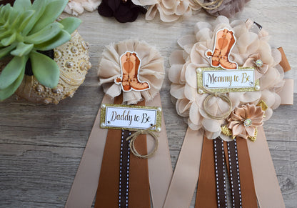 Cowboy Baby Shower, Rustic Tan Brown Cowboy Maternity Sash, Gender Reveal Cowboy Mommy To Be Ribbon, Daddy To Be Pin, Boot Hat Corsage Pin - Celebrations By Cris