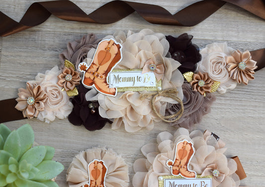 Cowboy Baby Shower, Rustic Tan Brown Cowboy Maternity Sash, Gender Reveal Cowboy Mommy To Be Ribbon, Daddy To Be Pin, Boot Hat Corsage Pin - Celebrations By Cris