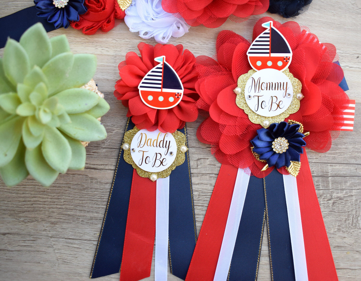 Boat Nautical Anchor Baby Shower, Boat Red Navy Blue Mommy To Be Ribbon, Ahoy Nautical Daddy To Be Pin, Nautical Daddy To Be Pin - Celebrations By Cris