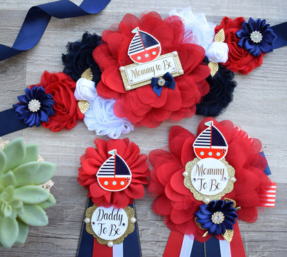 Boat Nautical Anchor Baby Shower, Boat Red Navy Blue Mommy To Be Ribbon, Ahoy Nautical Daddy To Be Pin, Nautical Daddy To Be Pin - Celebrations By Cris