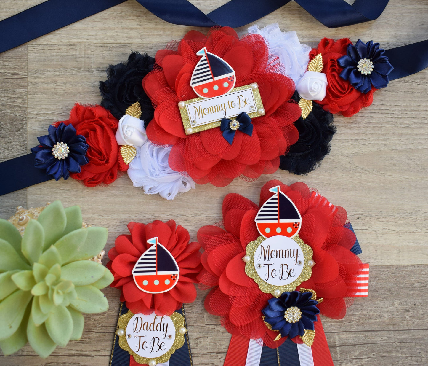 Boat Nautical Anchor Baby Shower, Boat Red Navy Blue Mommy To Be Ribbon, Ahoy Nautical Daddy To Be Pin, Nautical Daddy To Be Pin - Celebrations By Cris