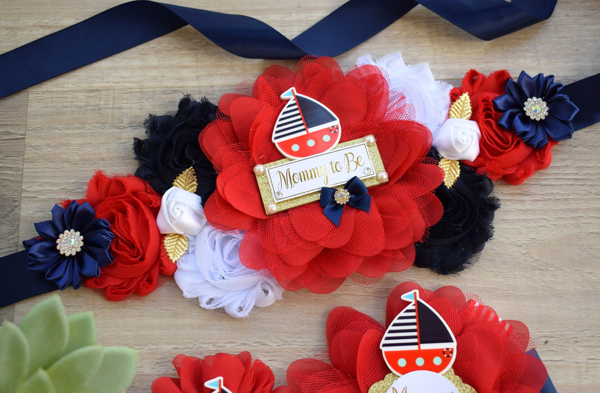 Boat Nautical Anchor Baby Shower, Boat Red Navy Blue Mommy To Be Ribbon, Ahoy Nautical Daddy To Be Pin, Nautical Daddy To Be Pin - Celebrations By Cris