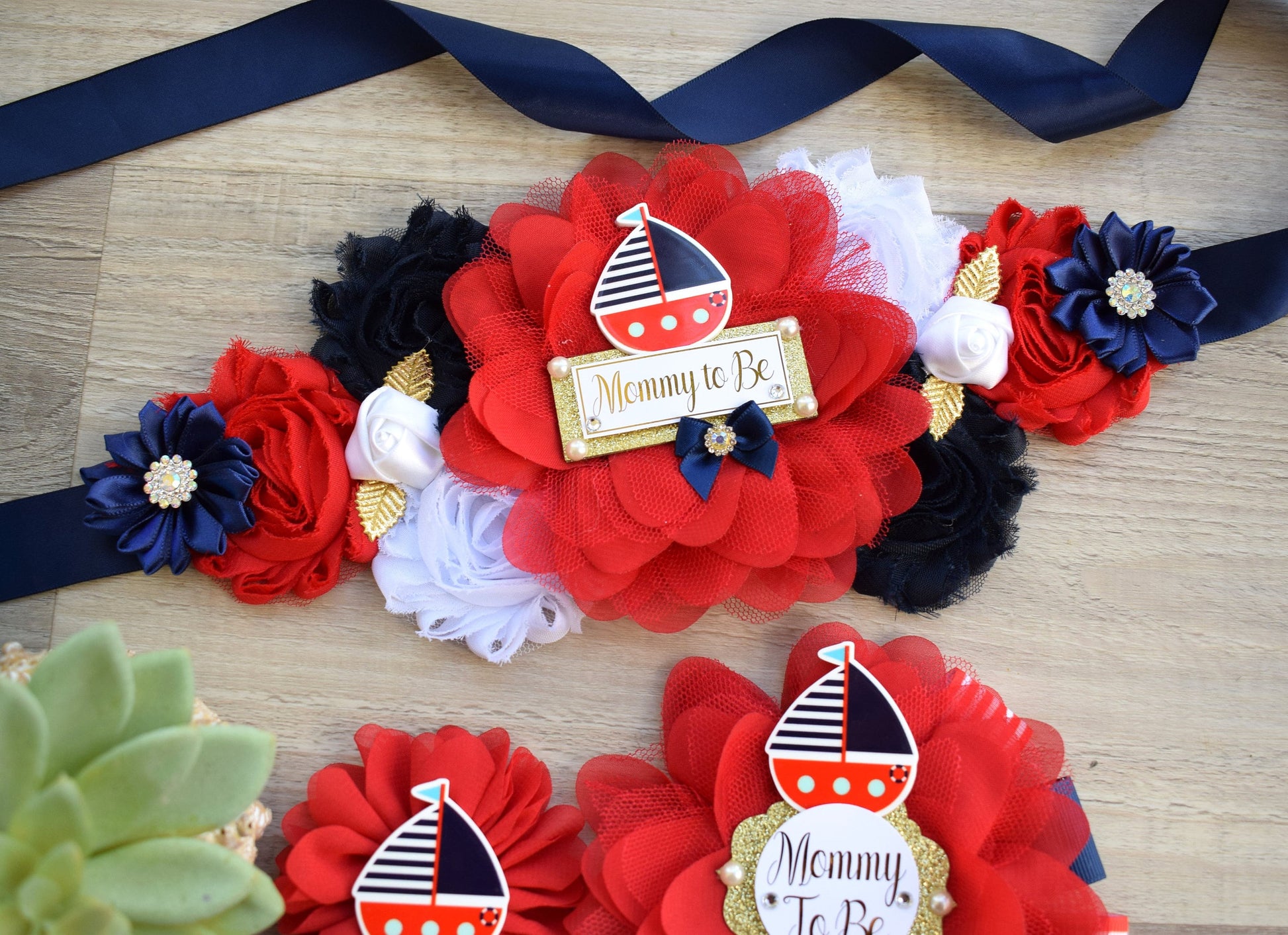 Boat Nautical Anchor Baby Shower, Boat Red Navy Blue Mommy To Be Ribbon, Ahoy Nautical Daddy To Be Pin, Nautical Daddy To Be Pin - Celebrations By Cris