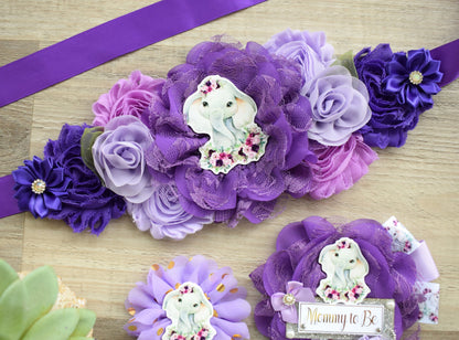 Elephant Purple Baby Shower, Purple Lavender Gold Green Safari, Mommy To Be Ribbon, Daddy To Be Pin, Purple Floral Animal Flower Baby Shower