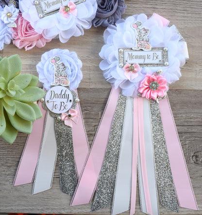 Girl Elephant Baby Shower, Girl Pink Elephant Maternity Sash, Pink Elephant Mommy To Be Ribbon, Daddy To Be Pin, Baby Shower Gift - Celebrations By Cris