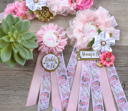 Swan Pink Gold Flower Sash, Swan Pink Gold Baby Shower Sash, Pink Gold White Pregnant Sash, Mommy and Daddy To Be, Swan Baby Shower