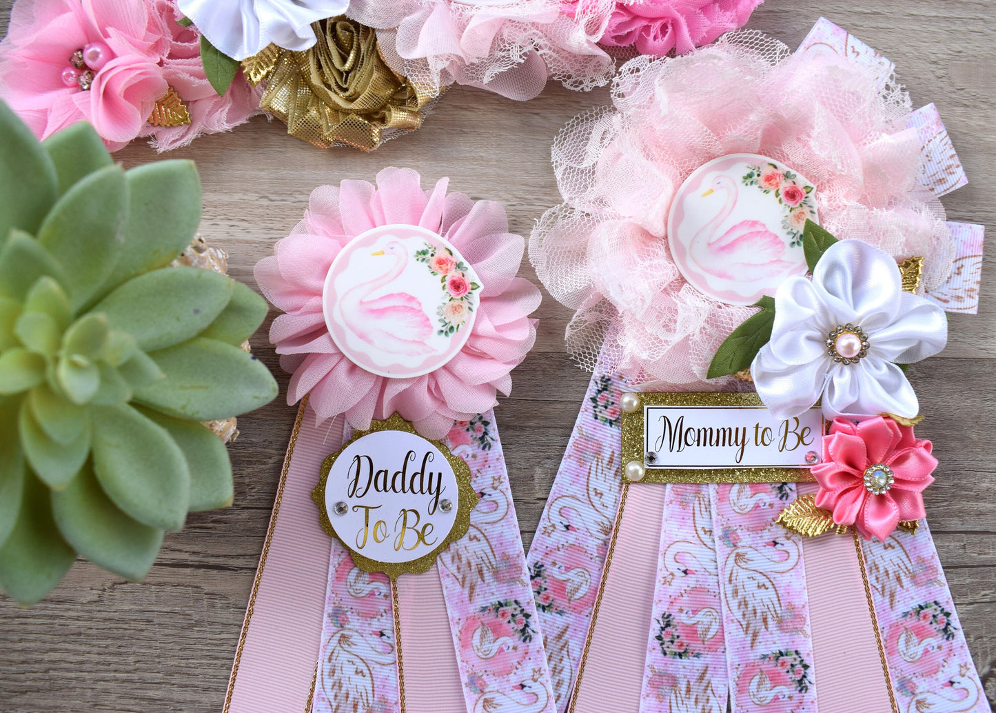 Swan Pink Gold Flower Sash, Swan Pink Gold Baby Shower Sash, Pink Gold White Pregnant Sash, Mommy and Daddy To Be, Swan Baby Shower