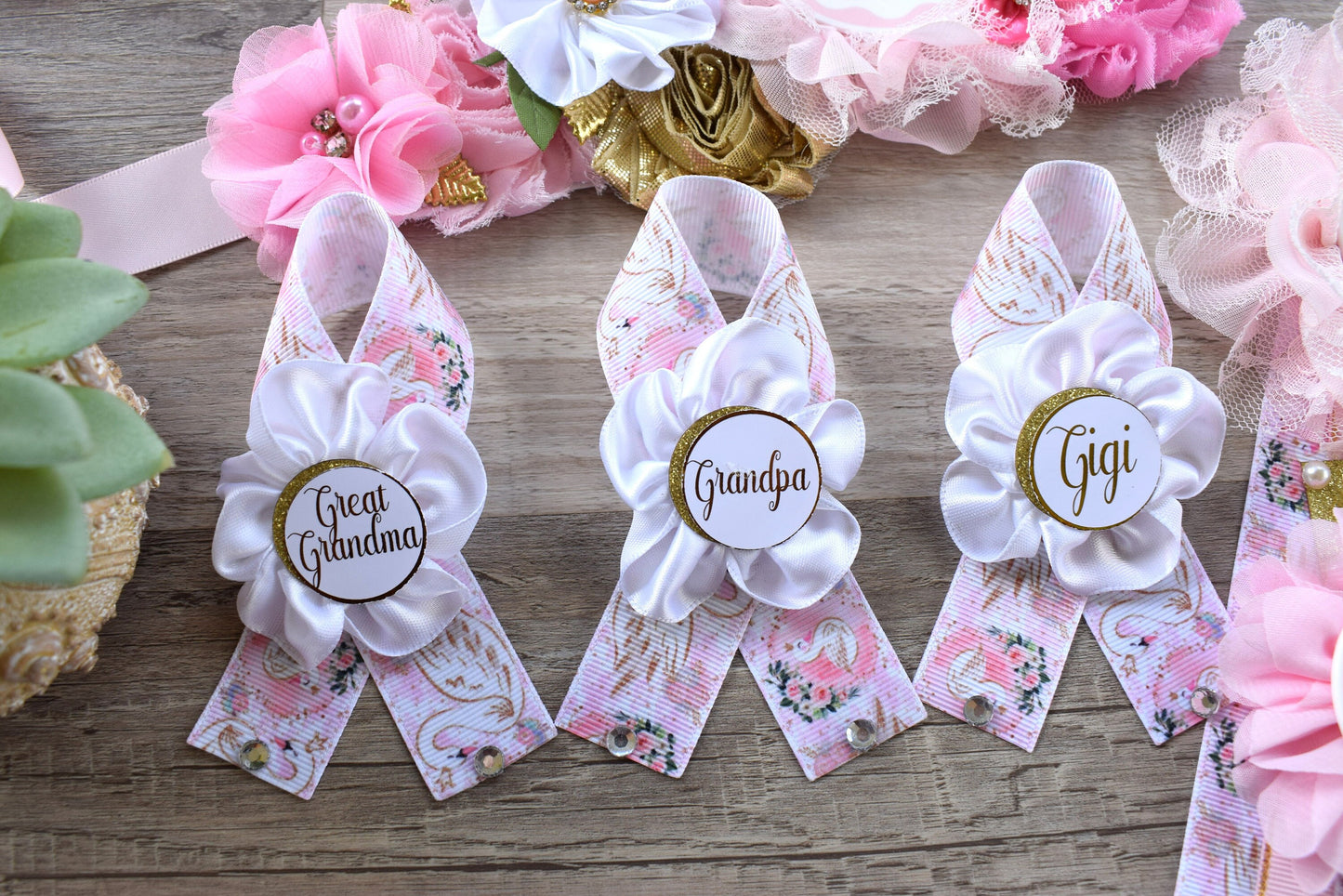 Swan Pink Gold Flower Sash, Swan Pink Gold Baby Shower Sash, Pink Gold White Pregnant Sash, Mommy and Daddy To Be, Swan Baby Shower