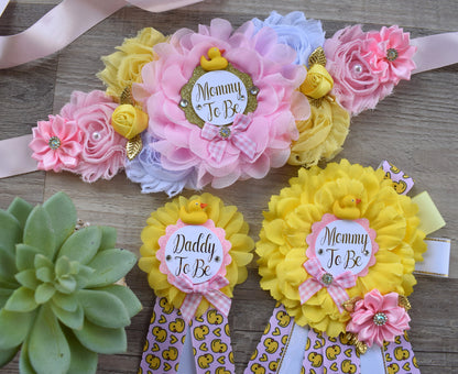 Girl Pink Ducky Baby Shower, Ducky Maternity Sash, Rubber Duck Mommy To Be Ribbon, Yellow Pink Rubber Duck Daddy To Be Pin, Gift Baby Shower - Celebrations By Cris