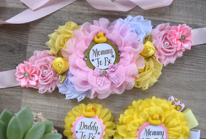 Girl Pink Ducky Baby Shower, Ducky Maternity Sash, Rubber Duck Mommy To Be Ribbon, Yellow Pink Rubber Duck Daddy To Be Pin, Gift Baby Shower - Celebrations By Cris