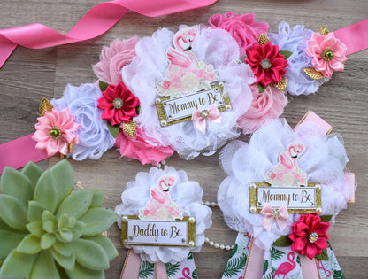 Flamingo Baby Shower, Flamingo Corsage Pin, Tropical Flamingo Baby Shower, Flamingo Mommy To Be Pin, Flamingo Daddy To Be Corsage