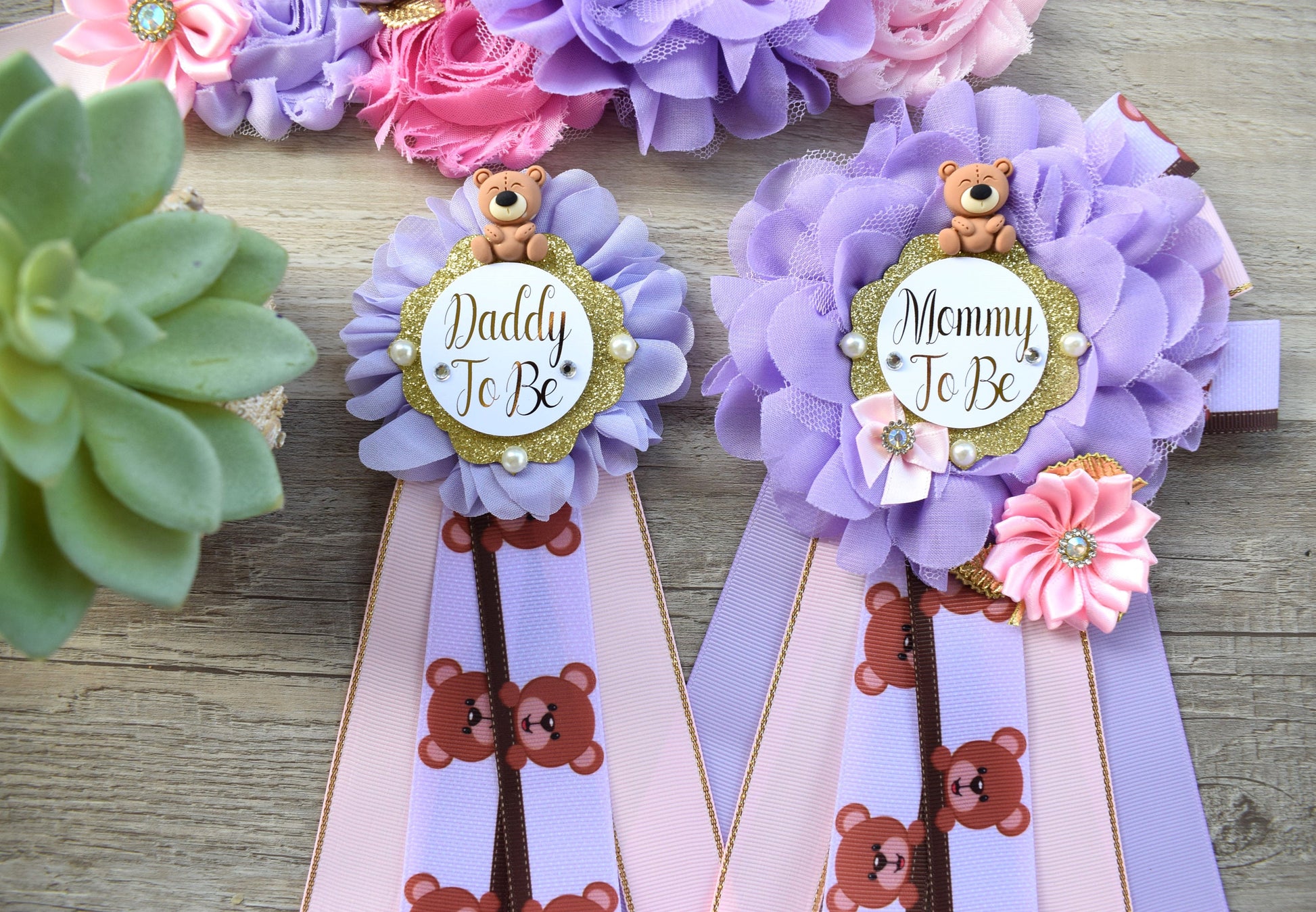 Pink Lavender Teddy Bear Baby Shower, Mama Bear Maternity Sash, Papa Bear Daddy To Be Pin, Mommy To Be Ribbon, Pink Girl Teddy Bear, Custom - Celebrations By Cris