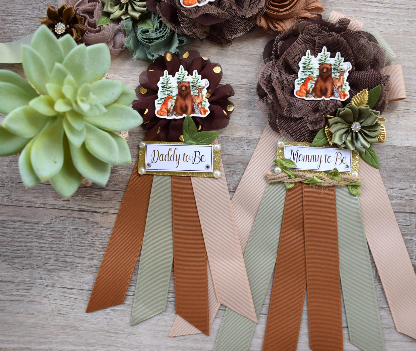 Bear Woodland Baby Shower, Sage Green Brown Tan Maternity Sash, Bear Fox Baby Shower, Mommy To Be Ribbon, Daddy To Be Pin, Custom - Celebrations By Cris