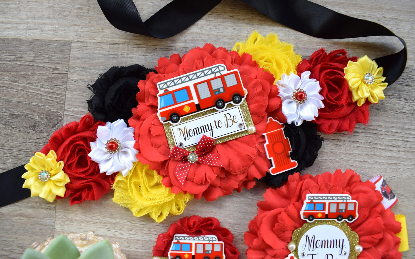 Firefighter Baby Shower, Red Yellow Black Maternity Sash, Firefighter Mommy To Be, Fireman Daddy To Be Pin, Baby Shower Gift, Custom - Celebrations By Cris