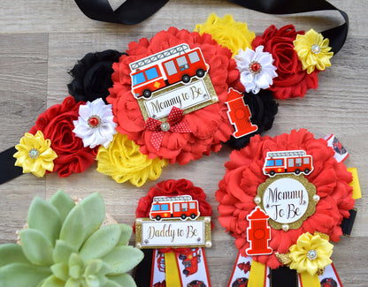 Firefighter Baby Shower, Red Yellow Black Maternity Sash, Firefighter Mommy To Be, Fireman Daddy To Be Pin, Baby Shower Gift, Custom - Celebrations By Cris