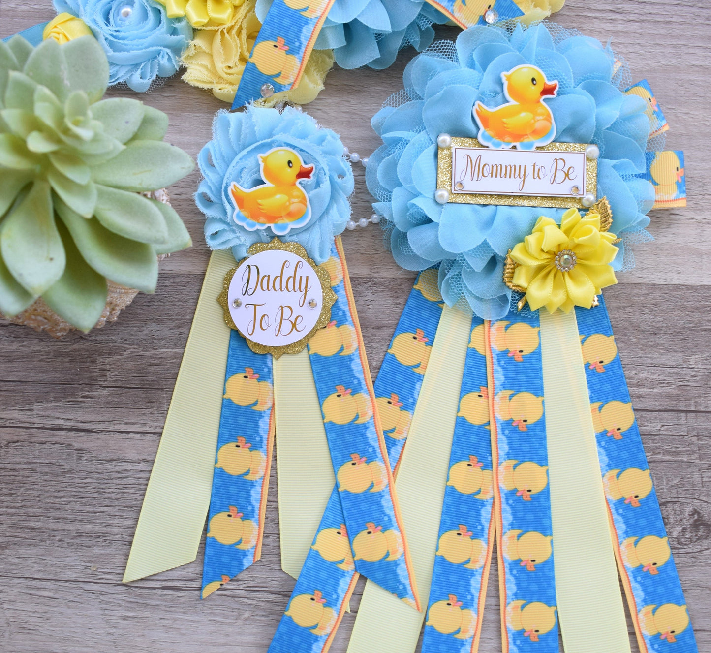 Boy Ducky Baby Shower, Ducky Maternity Sash, Rubber Duck Mommy To Be Ribbon, Yellow Blue Rubber Duck Daddy To Be Pin, Baby Shower Gift - Celebrations By Cris