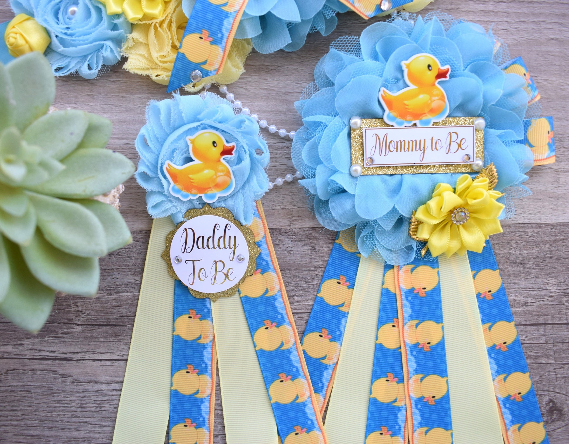 Boy Ducky Baby Shower, Ducky Maternity Sash, Rubber Duck Mommy To Be Ribbon, Yellow Blue Rubber Duck Daddy To Be Pin, Baby Shower Gift - Celebrations By Cris