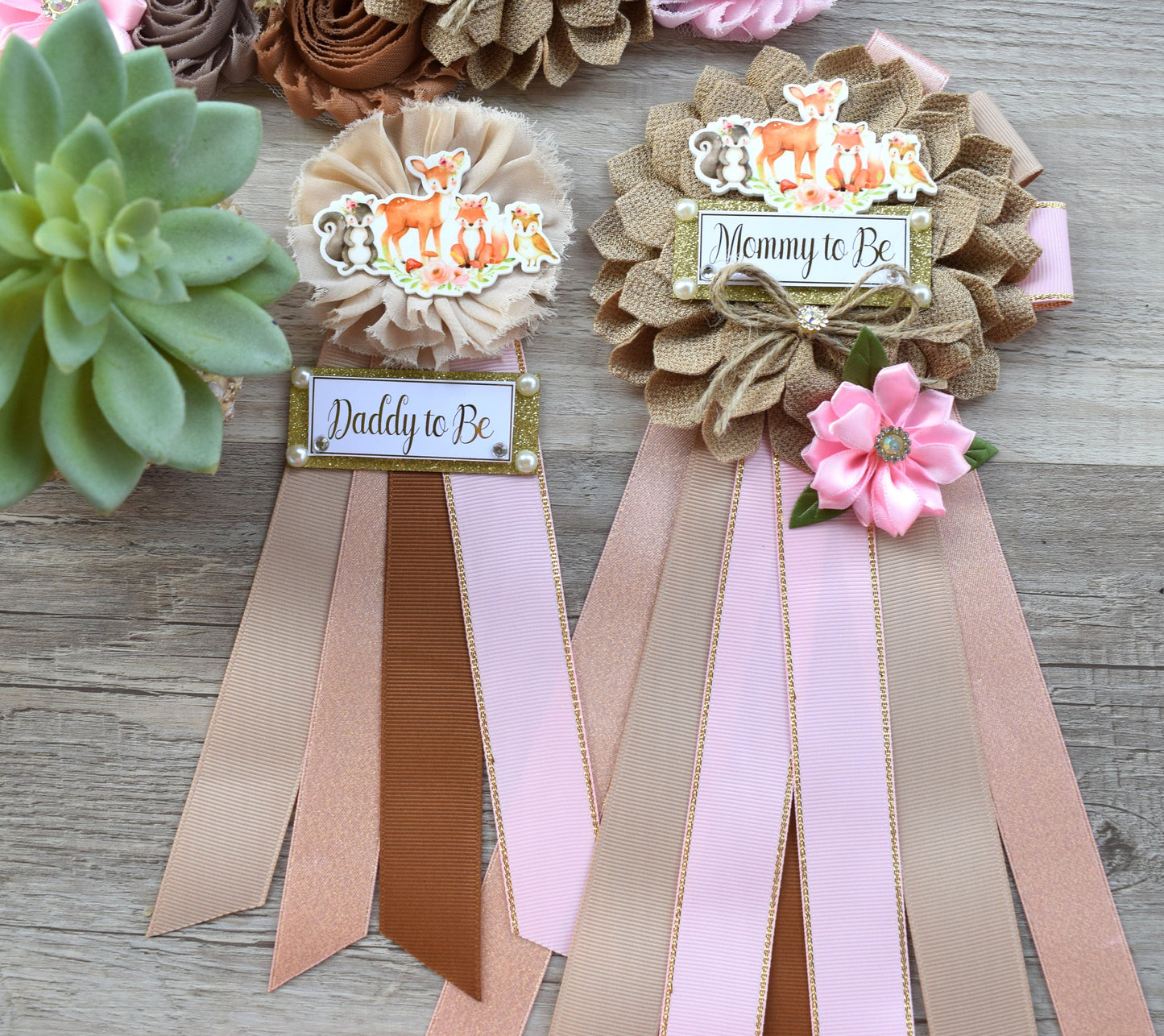 Girl Woodland Baby Shower, Pink Woodland Maternity Sash, Woodland Mommy To Be Pin, Girl Fox Daddy To Be Pin, Woodland Baby Shower Gift - Celebrations By Cris