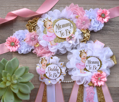 Girl Princess Baby Shower, Pink Gold Maternity Sash, Pink Gold Mommy To Be Ribbon, Daddy To Be Pin, Princess Baby Shower, Baby Shower Gift - Celebrations By Cris