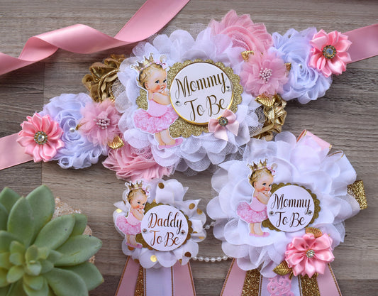 Girl Princess Baby Shower, Pink Gold Maternity Sash, Pink Gold Mommy To Be Ribbon, Daddy To Be Pin, Princess Baby Shower, Baby Shower Gift - Celebrations By Cris