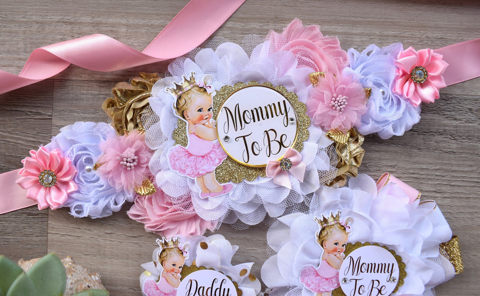 Girl Princess Baby Shower, Pink Gold Maternity Sash, Pink Gold Mommy To Be Ribbon, Daddy To Be Pin, Princess Baby Shower, Baby Shower Gift - Celebrations By Cris