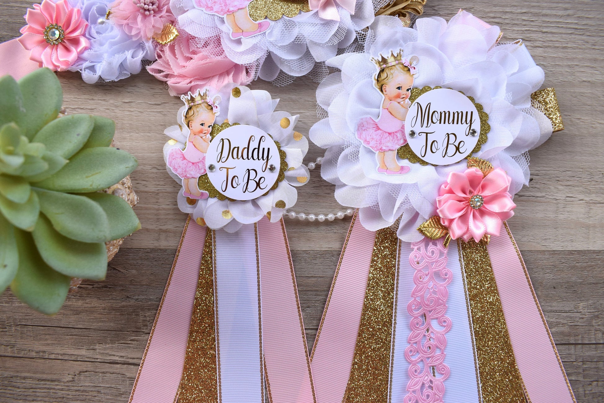 Girl Princess Baby Shower, Pink Gold Maternity Sash, Pink Gold Mommy To Be Ribbon, Daddy To Be Pin, Princess Baby Shower, Baby Shower Gift - Celebrations By Cris