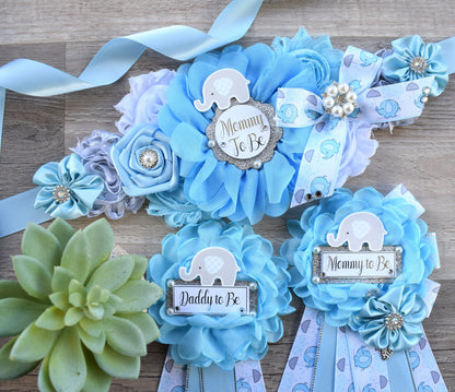 Boy Elephant Baby Shower, Blue Elephant Sash and Pin, Blue Elephant Flower Sash, Elephant Mommy To Be Ribbon Pin, Elephant Daddy To Be Pin