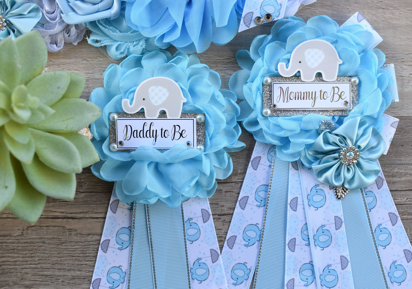 Boy Elephant Baby Shower, Blue Elephant Sash and Pin, Blue Elephant Flower Sash, Elephant Mommy To Be Ribbon Pin, Elephant Daddy To Be Pin