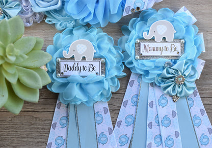 Boy Elephant Baby Shower, Blue Elephant Sash and Pin, Blue Elephant Flower Sash, Elephant Mommy To Be Ribbon Pin, Elephant Daddy To Be Pin