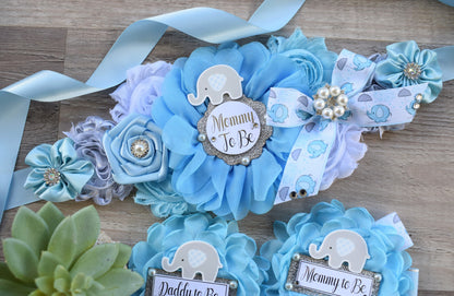 Boy Elephant Baby Shower, Blue Elephant Sash and Pin, Blue Elephant Flower Sash, Elephant Mommy To Be Ribbon Pin, Elephant Daddy To Be Pin