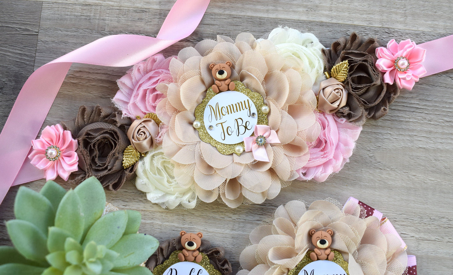 Pink Teddy Bear Baby Shower, Pink Bear Mommy Bear Maternity Sash, Papa Teddy Bear Mommy Daddy To Be Corsage, Pink Girl Teddy Bear, Custom - Celebrations By Cris