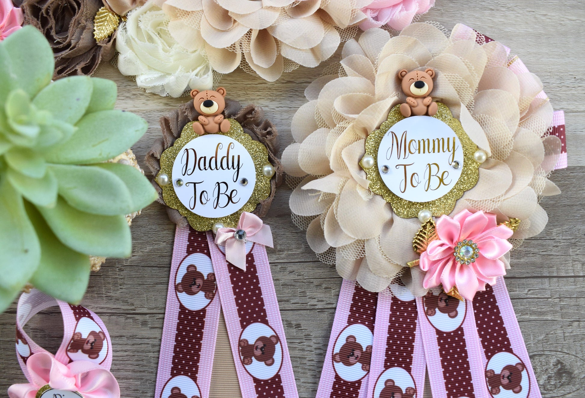 Pink Teddy Bear Baby Shower, Pink Bear Mommy Bear Maternity Sash, Papa Teddy Bear Mommy Daddy To Be Corsage, Pink Girl Teddy Bear, Custom - Celebrations By Cris