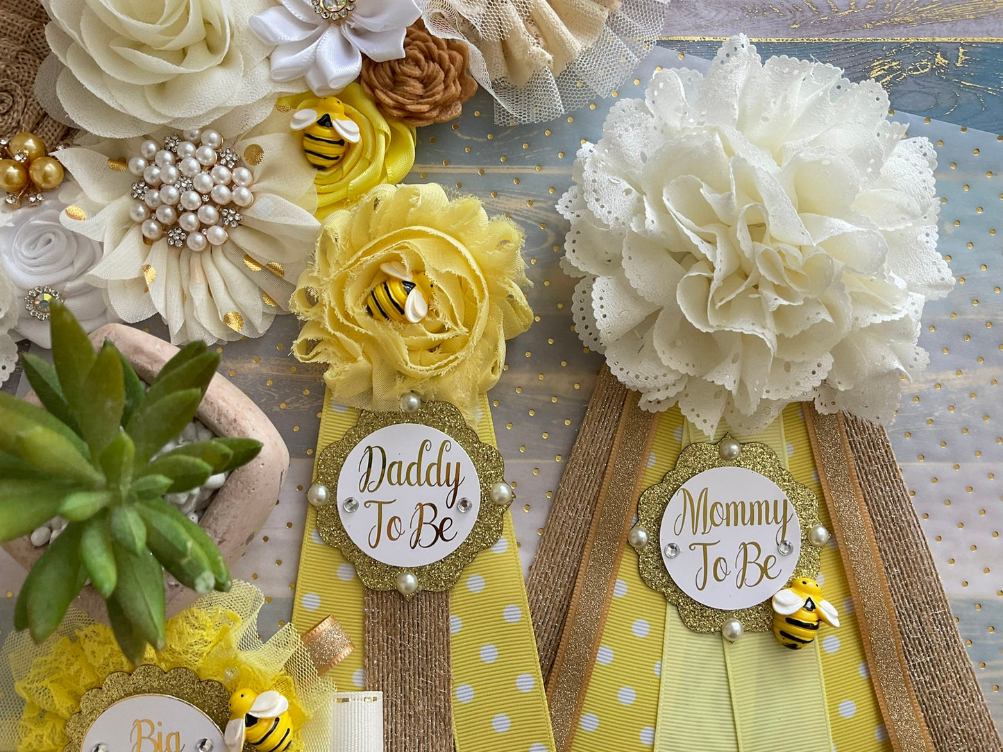 Rustic Bumble Bee Baby Shower, Yellow Ivory Maternity Sash, Mommy To Be Ribbon, Daddy To Be Pin, Gender Reveal, Bumble Bee Theme, Custom - Celebrations By Cris