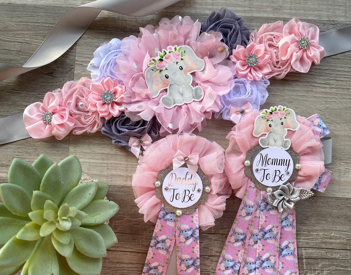 Pink Elephant Baby Shower, Girl Pink Elephant Maternity Sash, Pink Elephant Mommy To Be Ribbon, Daddy To Be Pin, Custom - Celebrations By Cris