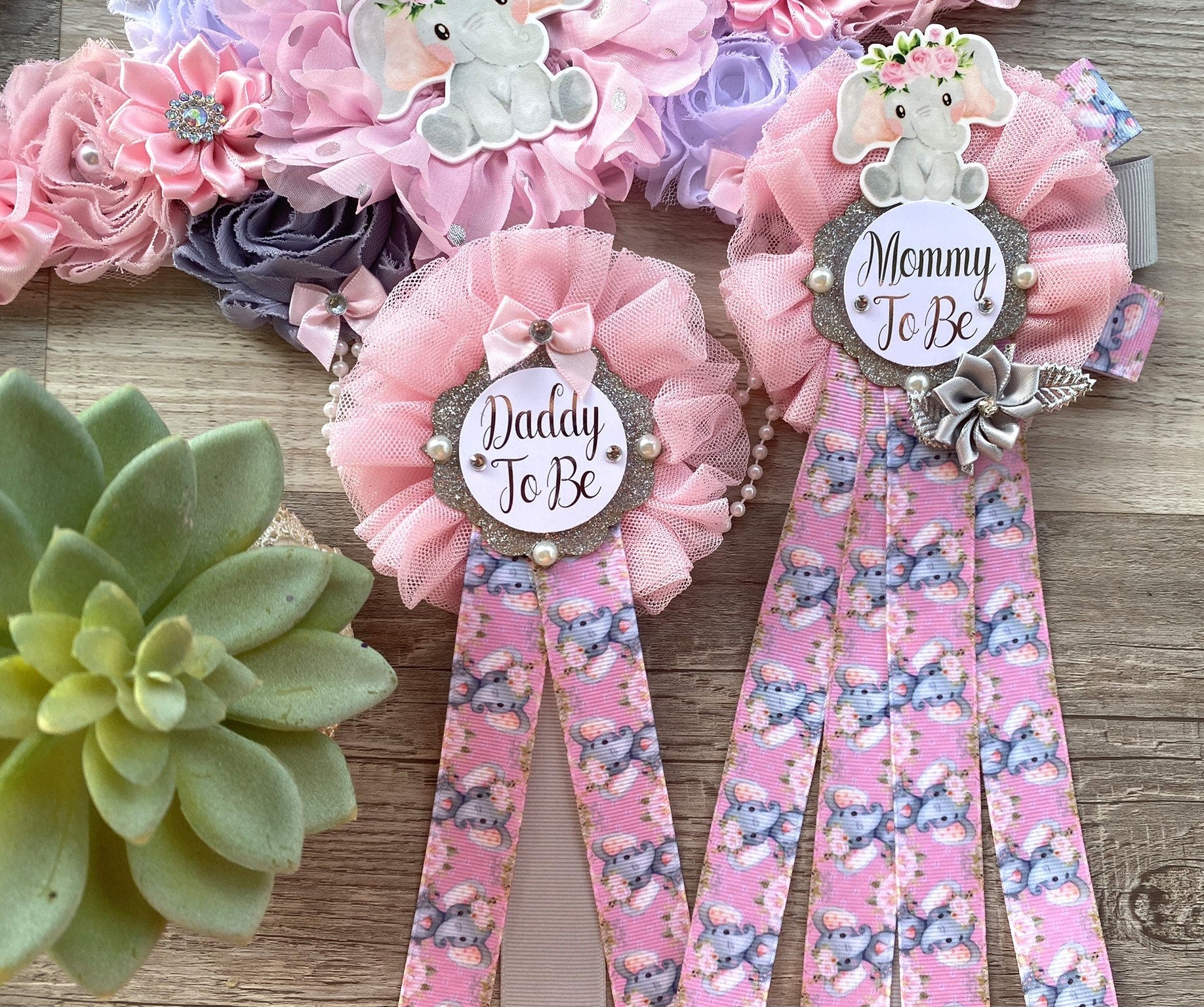 Pink Elephant Baby Shower, Girl Pink Elephant Maternity Sash, Pink Elephant Mommy To Be Ribbon, Daddy To Be Pin, Custom - Celebrations By Cris