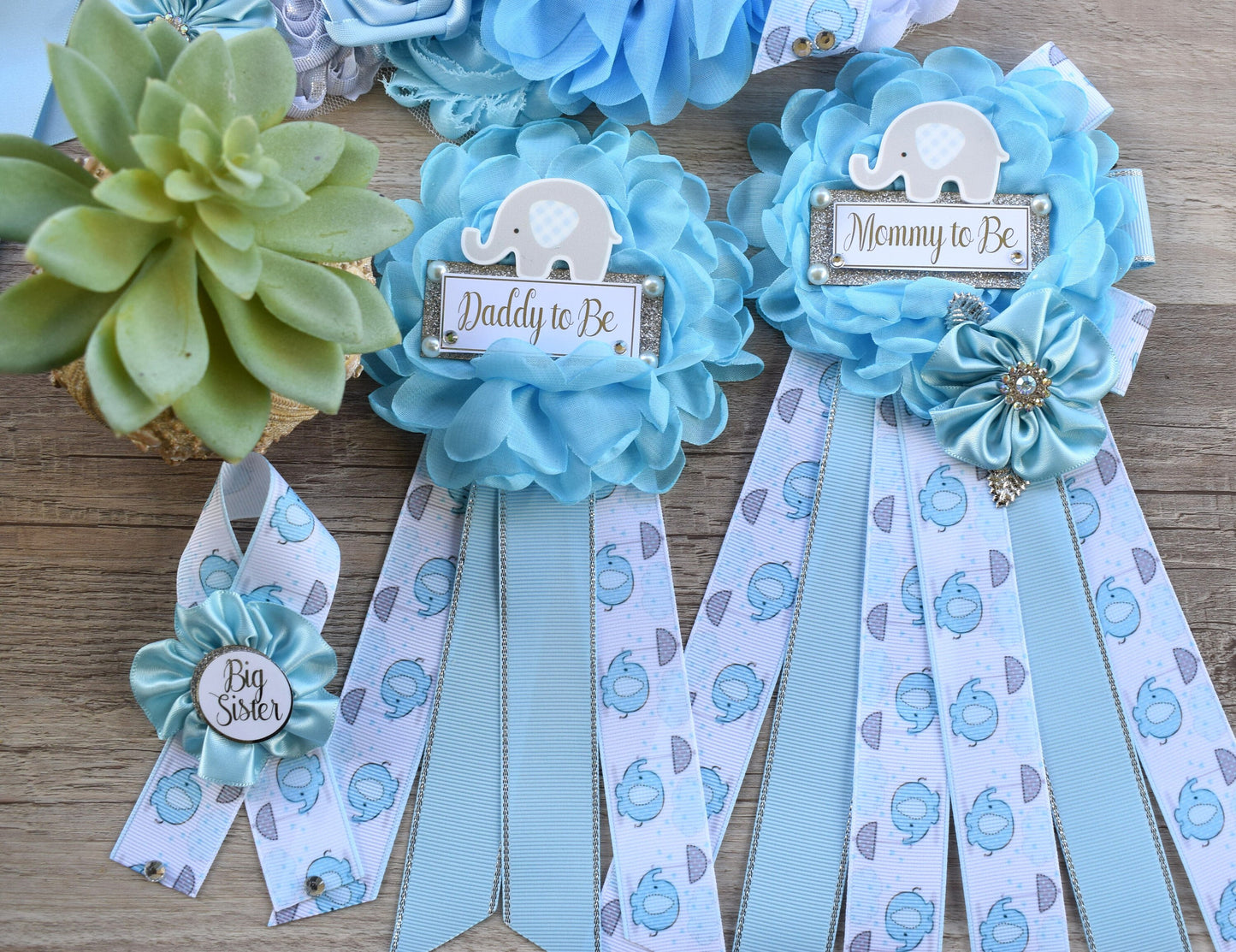 Boy Elephant Baby Shower, Blue Elephant Sash and Pin, Blue Elephant Flower Sash, Elephant Mommy To Be Ribbon Pin, Elephant Daddy To Be Pin