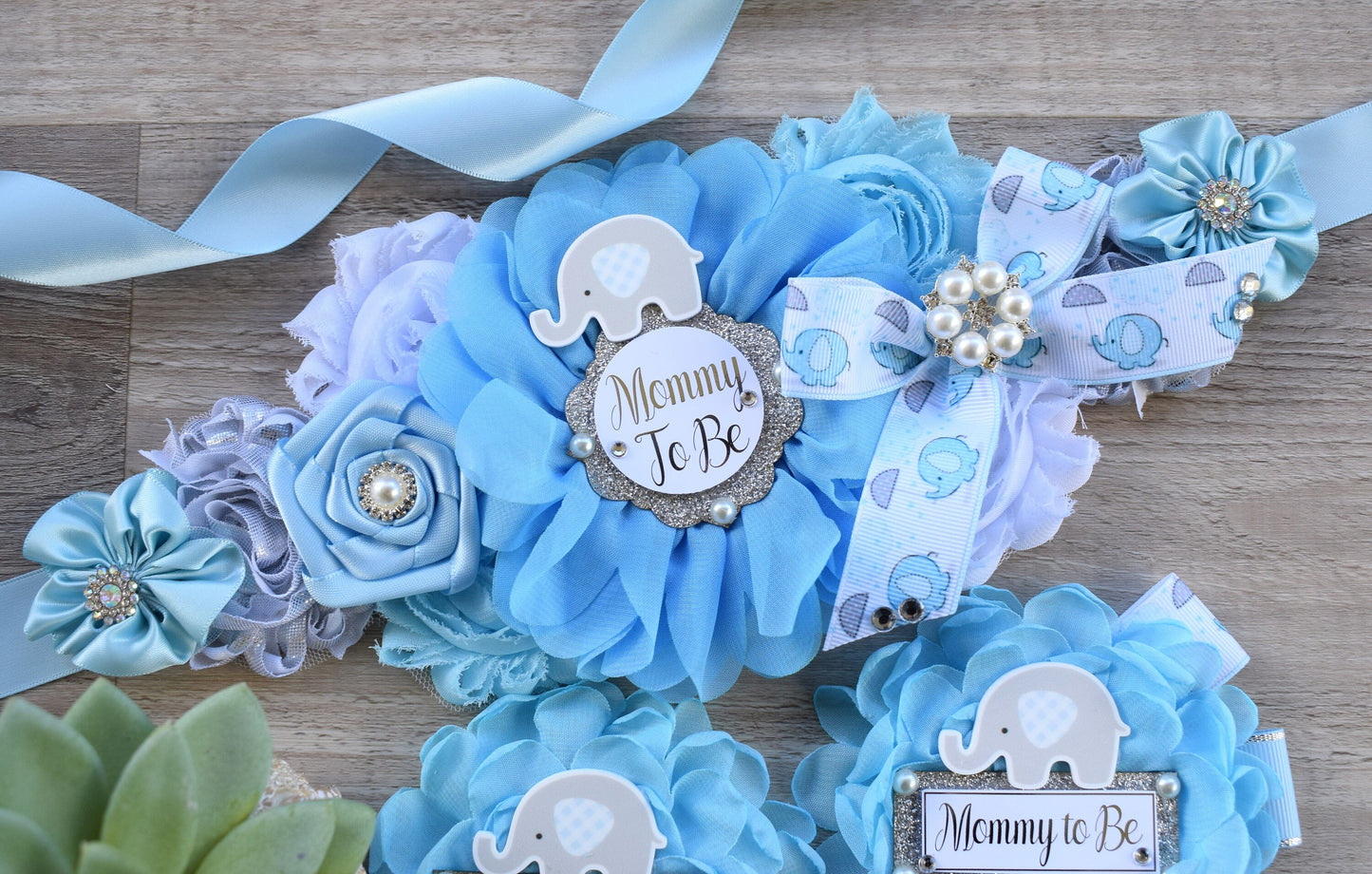 Boy Elephant Baby Shower, Blue Elephant Sash and Pin, Blue Elephant Flower Sash, Elephant Mommy To Be Ribbon Pin, Elephant Daddy To Be Pin