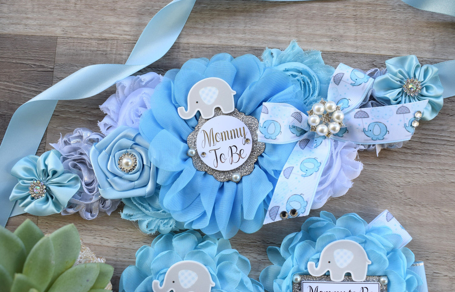 Boy Elephant Baby Shower, Blue Elephant Sash and Pin, Blue Elephant Flower Sash, Elephant Mommy To Be Ribbon Pin, Elephant Daddy To Be Pin