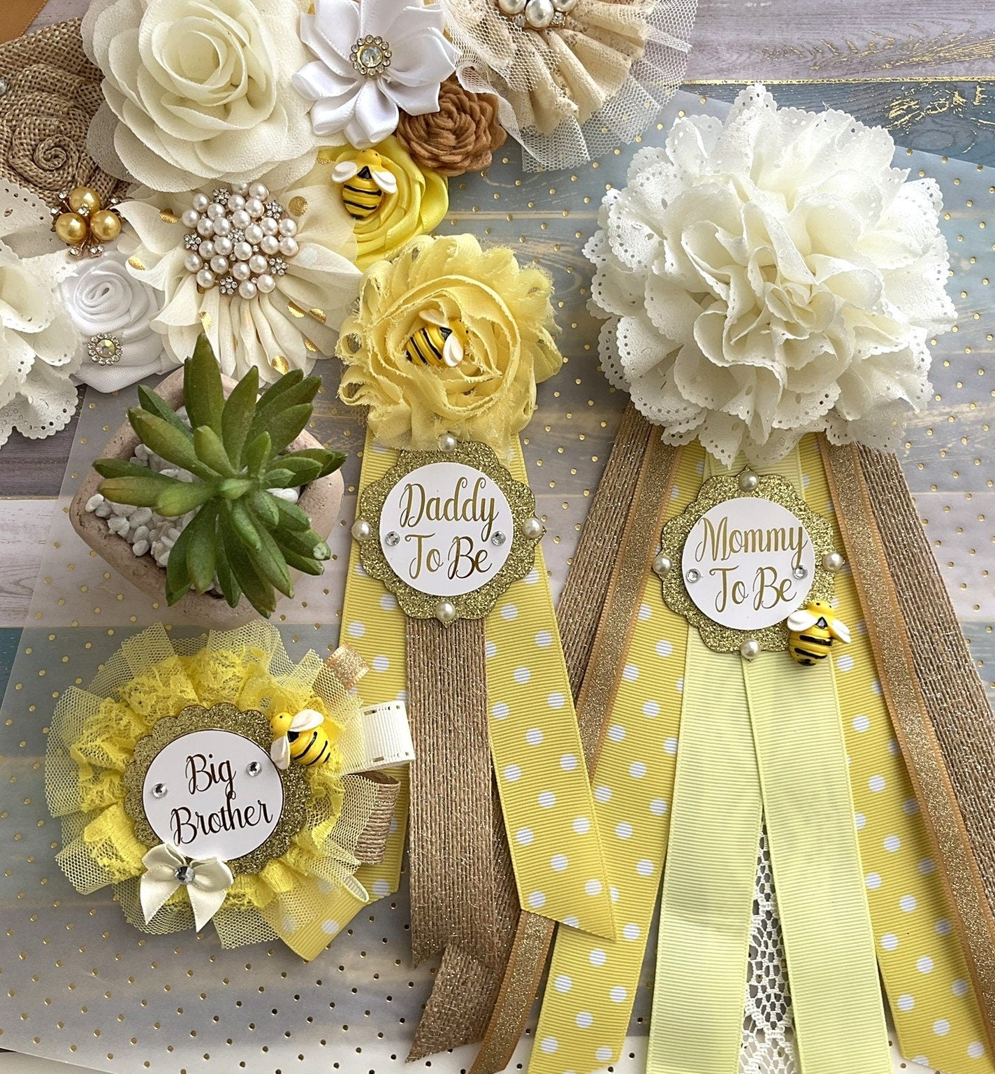 Rustic Bumble Bee Baby Shower, Yellow Ivory Maternity Sash, Mommy To Be Ribbon, Daddy To Be Pin, Gender Reveal, Bumble Bee Theme, Custom - Celebrations By Cris