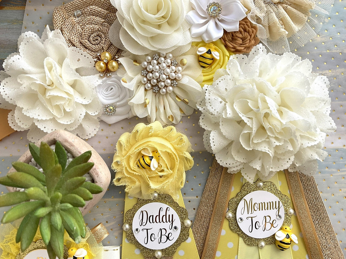 Rustic Bumble Bee Baby Shower, Yellow Ivory Maternity Sash, Mommy To Be Ribbon, Daddy To Be Pin, Gender Reveal, Bumble Bee Theme, Custom - Celebrations By Cris