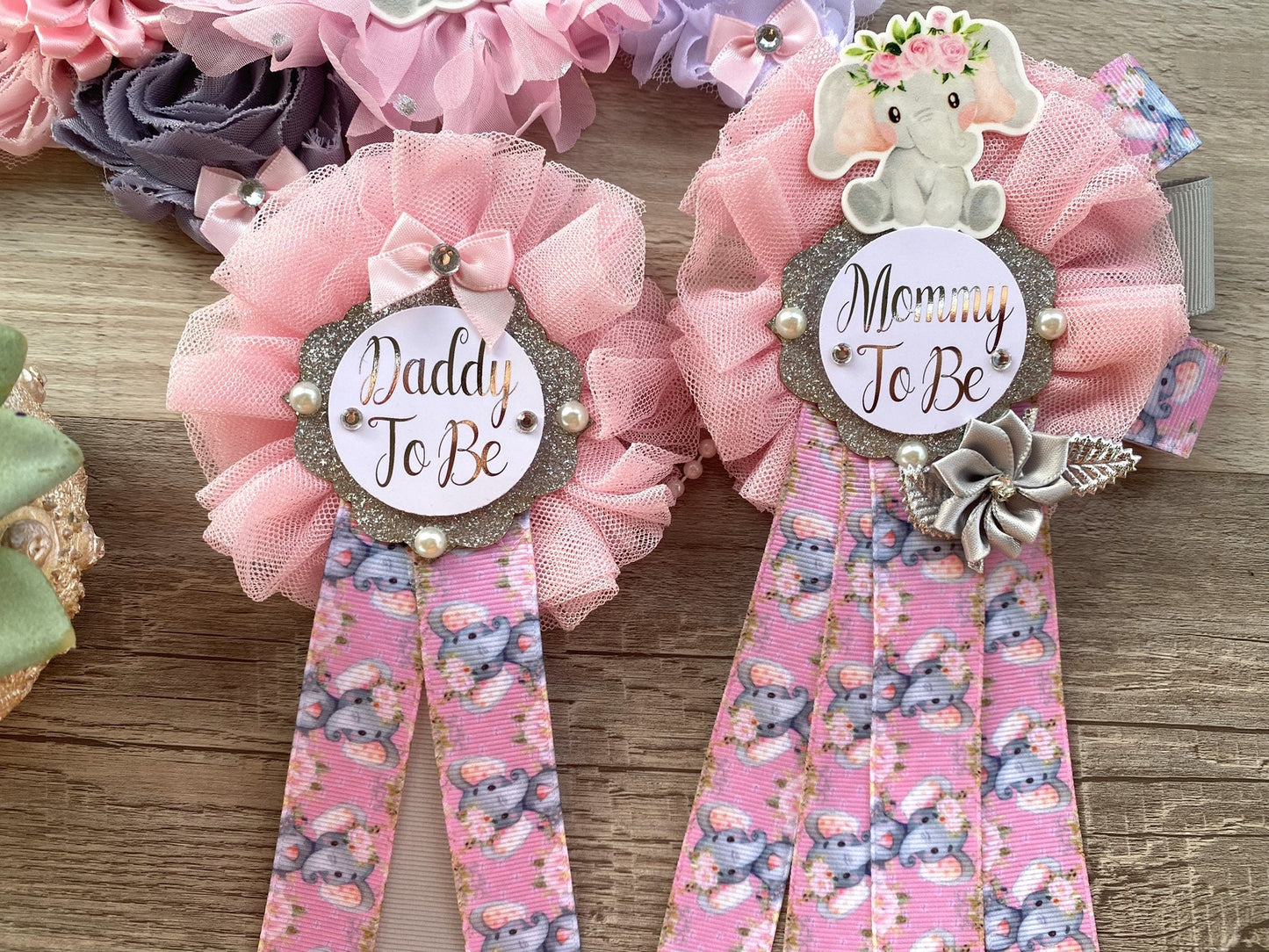 Pink Elephant Baby Shower, Girl Pink Elephant Maternity Sash, Pink Elephant Mommy To Be Ribbon, Daddy To Be Pin, Custom - Celebrations By Cris