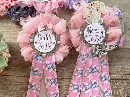 Pink Elephant Baby Shower, Girl Pink Elephant Maternity Sash, Pink Elephant Mommy To Be Ribbon, Daddy To Be Pin, Custom - Celebrations By Cris