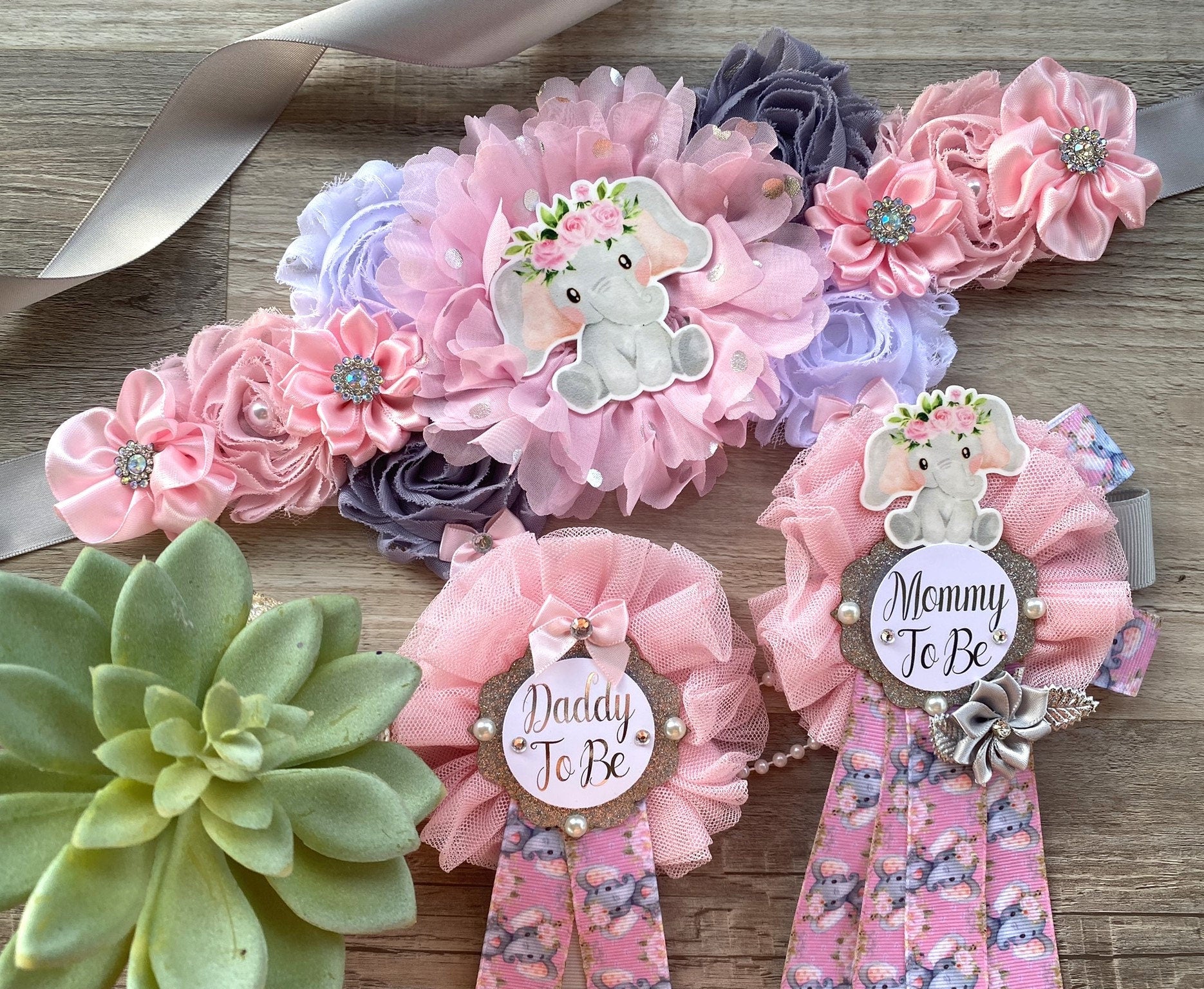 Pink Elephant Baby Shower, Girl Pink Elephant Maternity Sash, Pink Elephant Mommy To Be Ribbon, Daddy To Be Pin, Custom - Celebrations By Cris