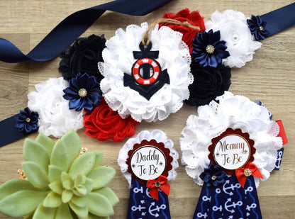 Nautical Baby Shower, Red Blue White Flower Sash, Ahoy Nautical Maternity Sash, Ahoy Its a Boy, Nautical Belly Sash, Nautical Sash, S0001 - Celebrations By Cris