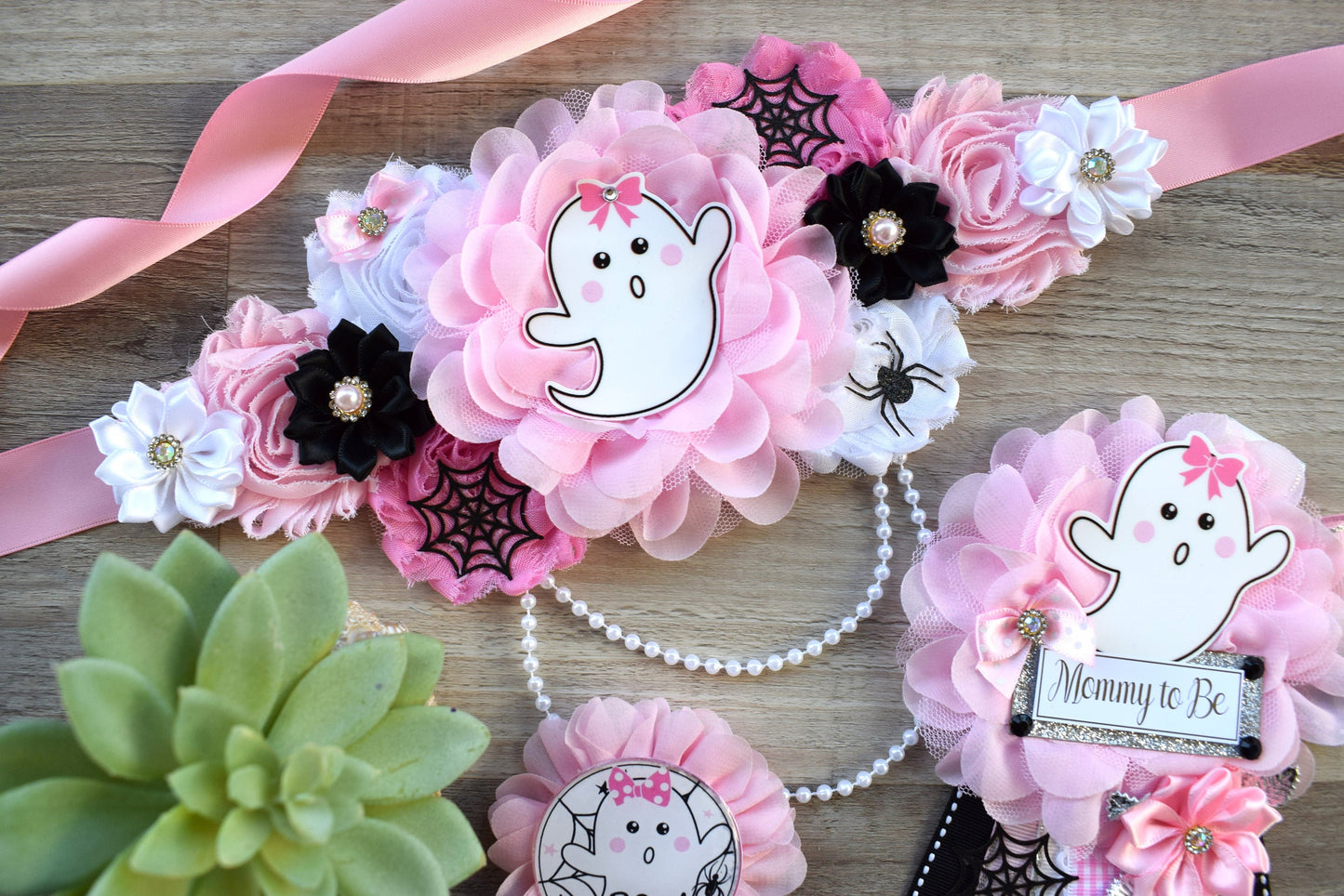 Girl Pink Ghost Halloween Baby Shower, Pink Maternity Sash, Mommy To Be Ribbon, Daddy To Be Pin, Halloween Baby Shower Gift, Custom - Celebrations By Cris