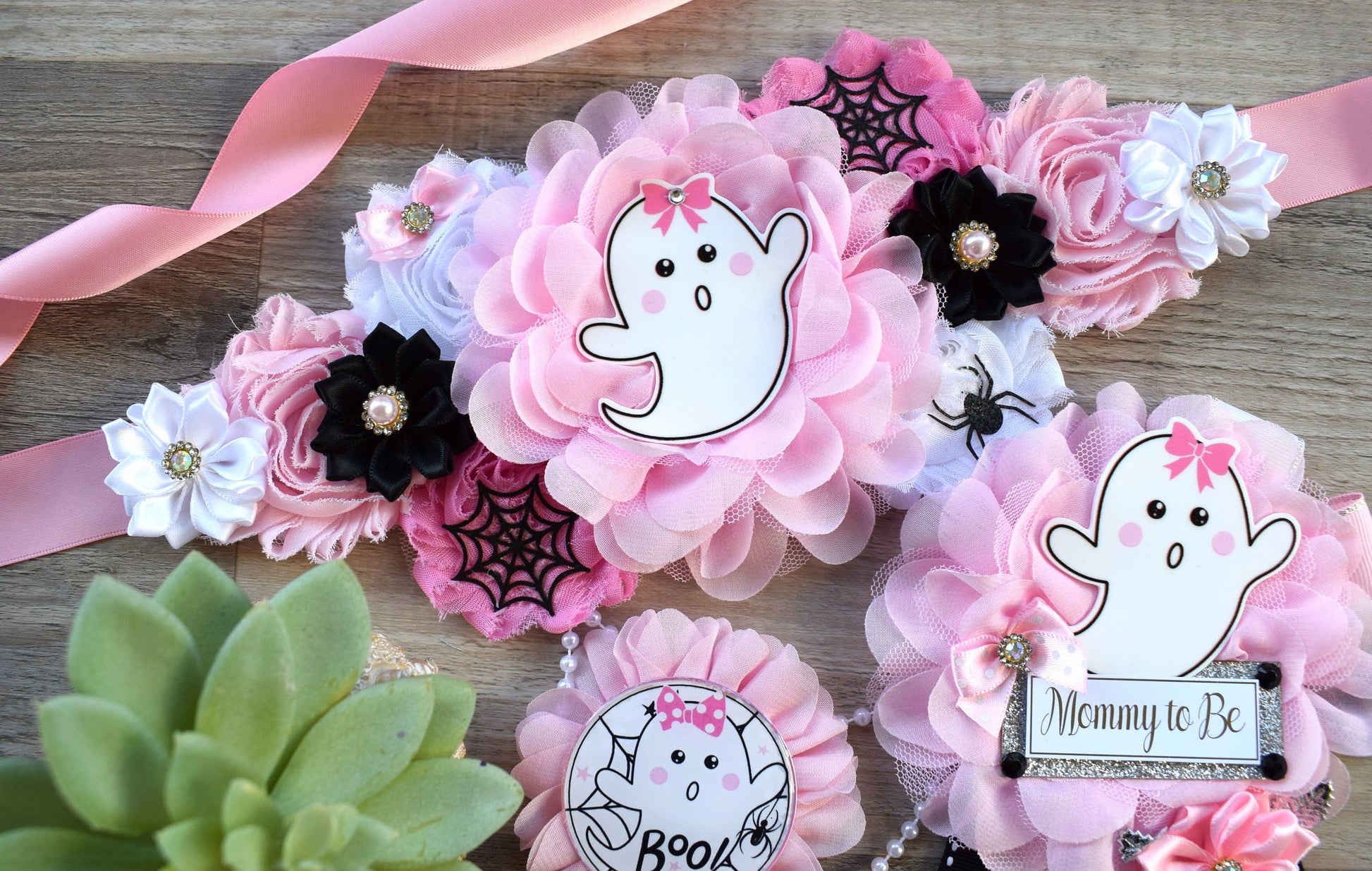 Girl Pink Ghost Halloween Baby Shower, Pink Maternity Sash, Mommy To Be Ribbon, Daddy To Be Pin, Halloween Baby Shower Gift, Custom - Celebrations By Cris