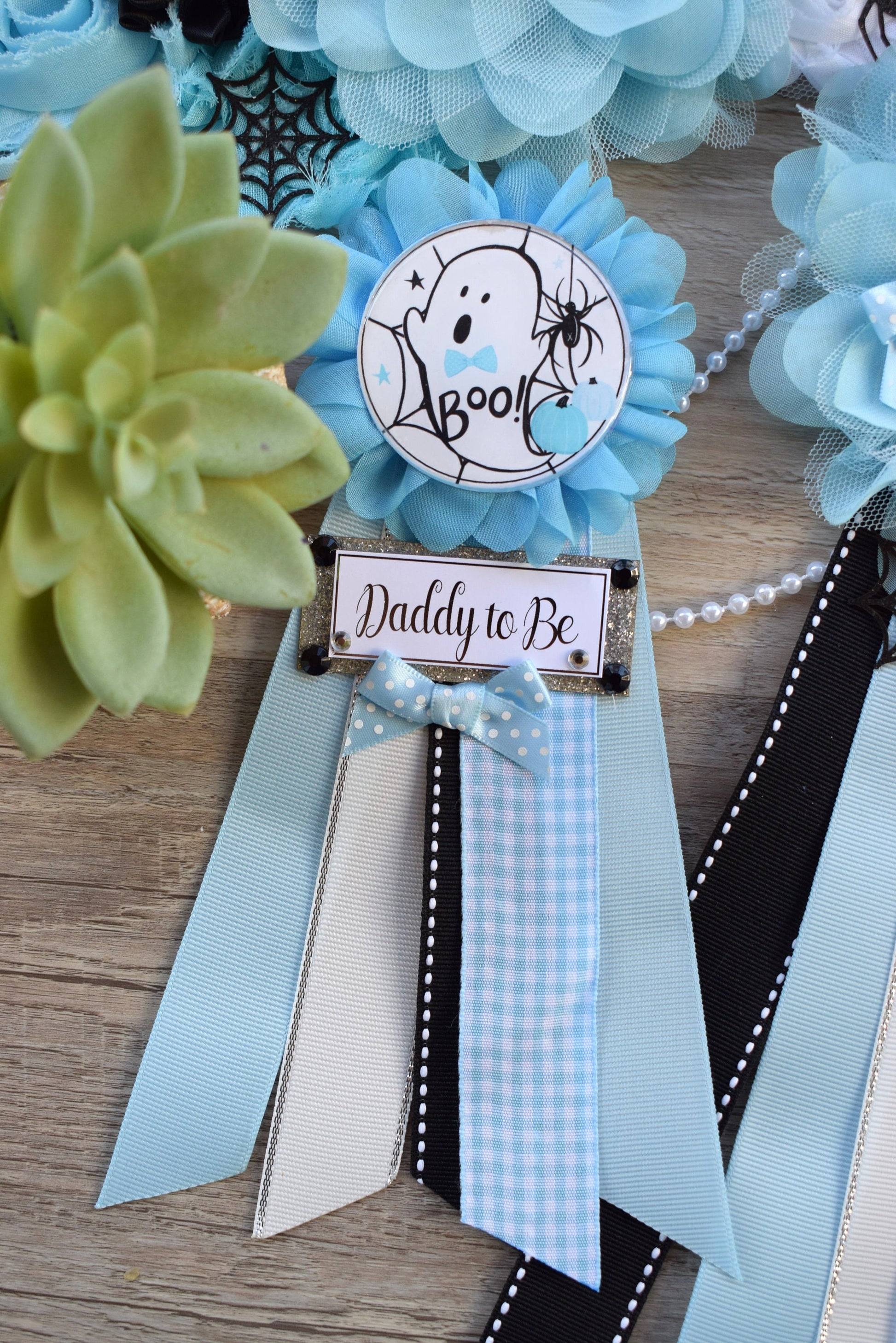 Boy Blue Ghost Halloween Baby Shower, Blue Maternity Sash, Mommy To Be Ribbon, Daddy To Be Pin, Halloween Baby Shower Gift, Custom - Celebrations By Cris