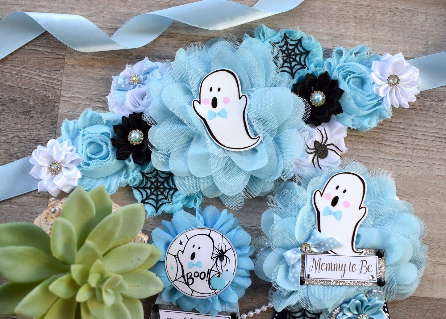 Boy Blue Ghost Halloween Baby Shower, Blue Maternity Sash, Mommy To Be Ribbon, Daddy To Be Pin, Halloween Baby Shower Gift, Custom - Celebrations By Cris