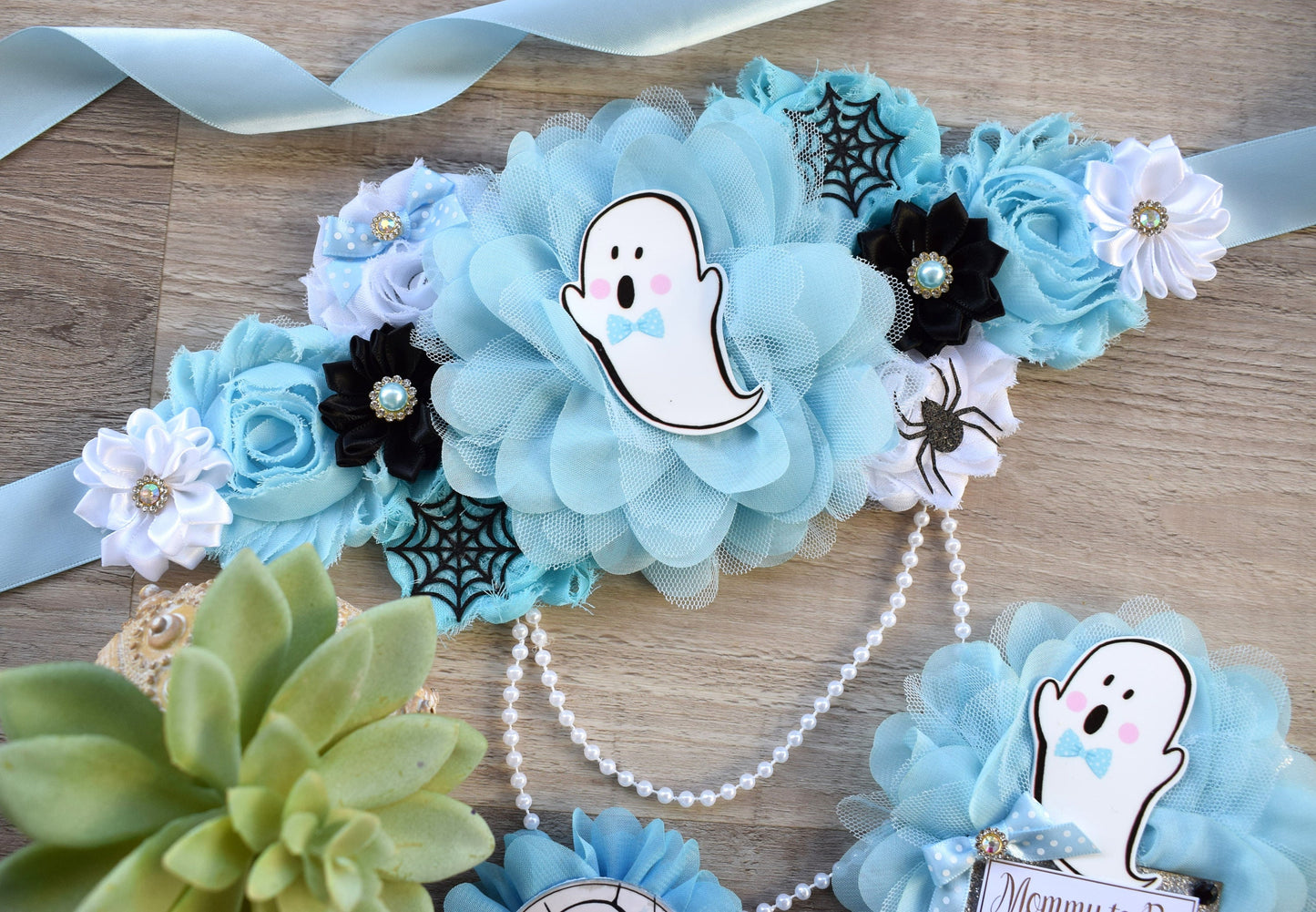 Boy Blue Ghost Halloween Baby Shower, Blue Maternity Sash, Mommy To Be Ribbon, Daddy To Be Pin, Halloween Baby Shower Gift, Custom - Celebrations By Cris